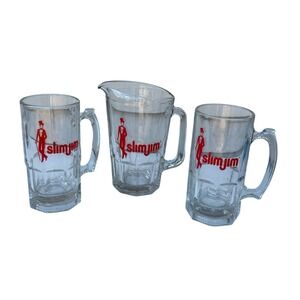 Vintage Slim Jim Glassware Set 2 Beer Mugs 1 Pitcher Red Mascot Logo Barware